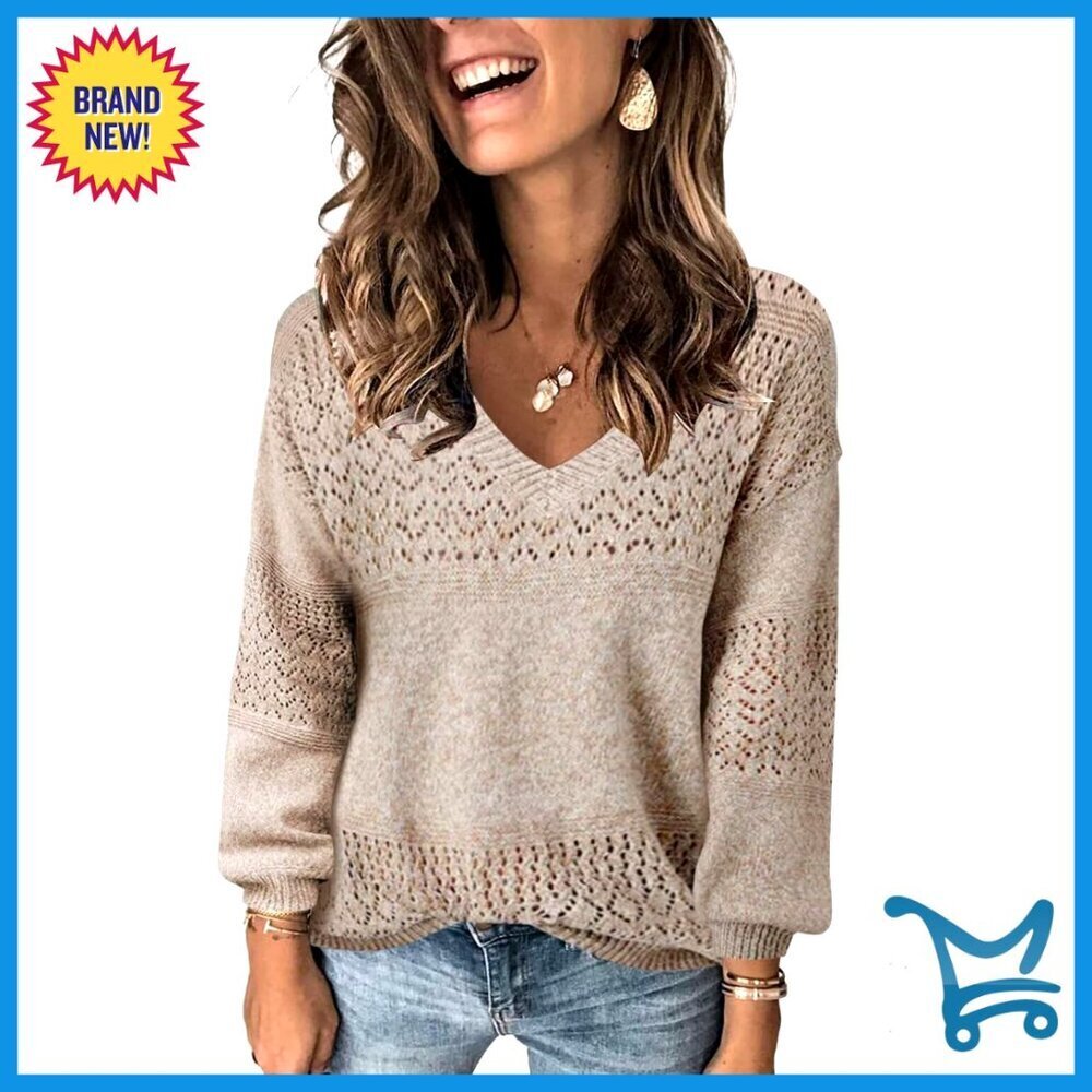 V Neck Crochet Pullover Sweater Lightweight Hollow Knit Loose Casual Chic